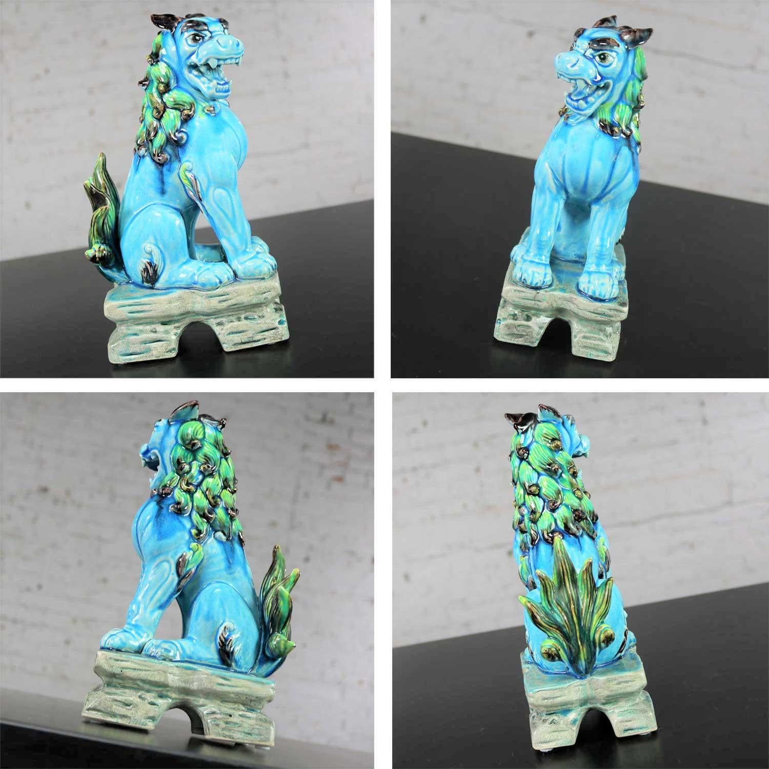 Vintage Midcentury Pr Japanese Komainu Lion Dogs Ceramic Turquoise Green Glaze 12