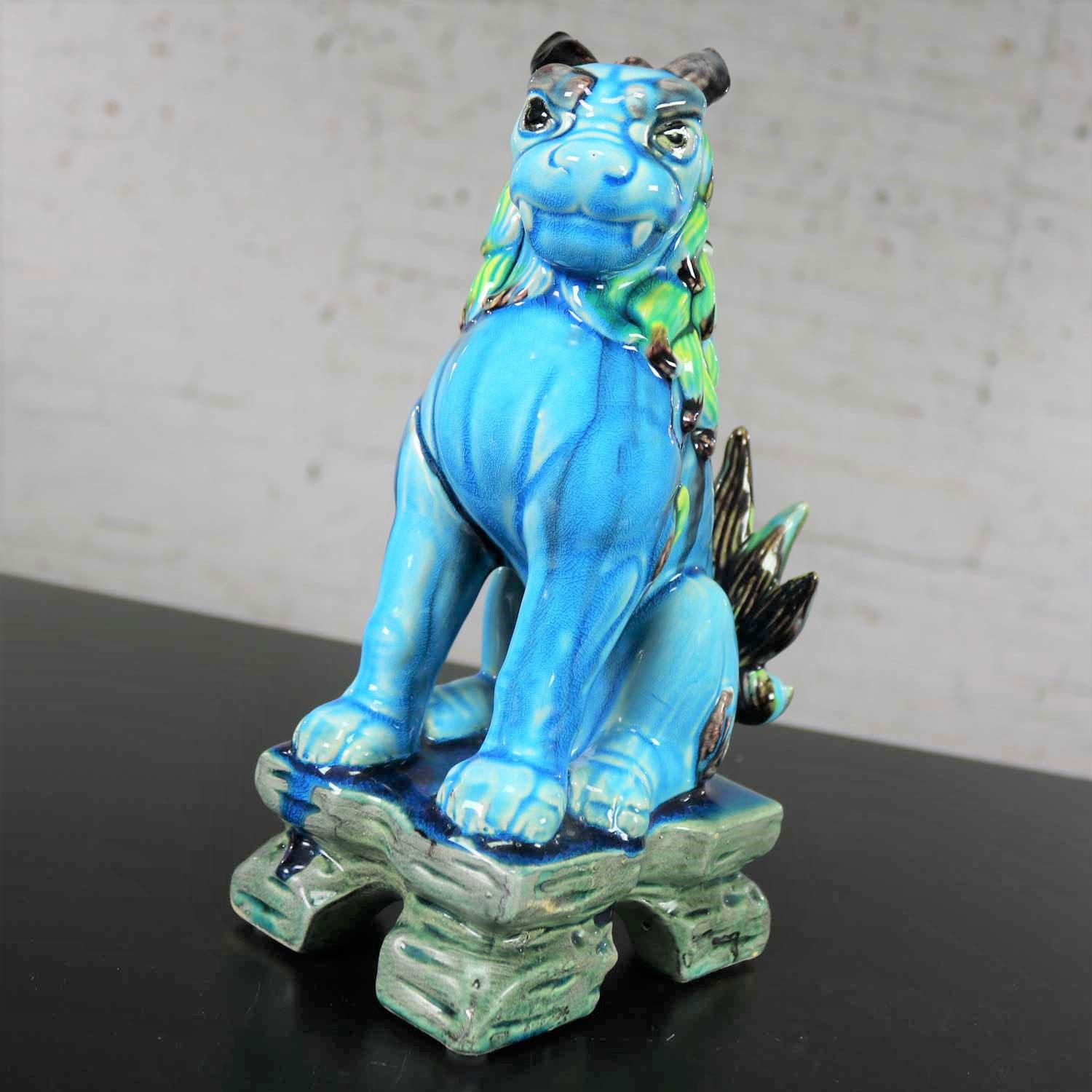 Vintage Midcentury Pr Japanese Komainu Lion Dogs Ceramic Turquoise Green Glaze In Good Condition In Topeka, KS