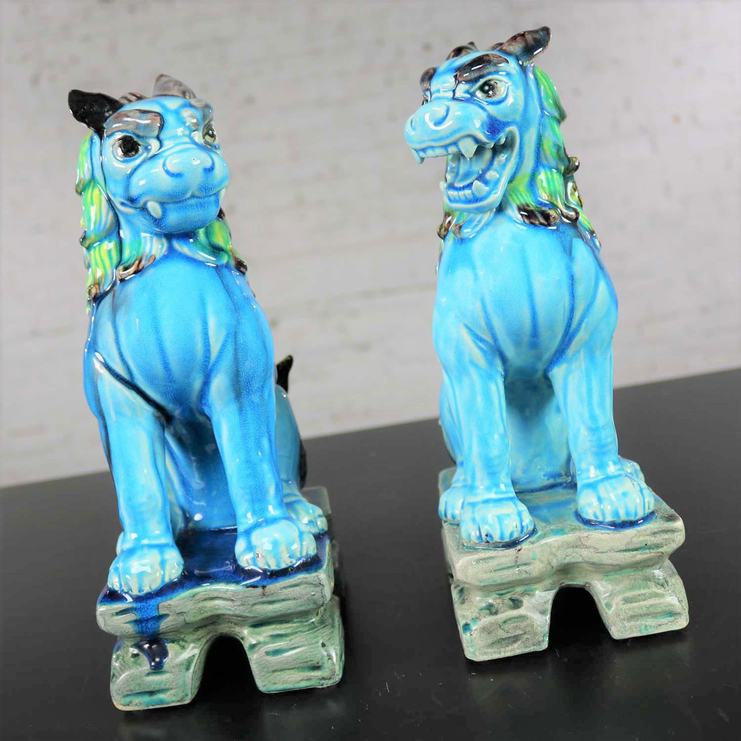 Vintage Midcentury Pr Japanese Komainu Lion Dogs Ceramic Turquoise Green Glaze 1