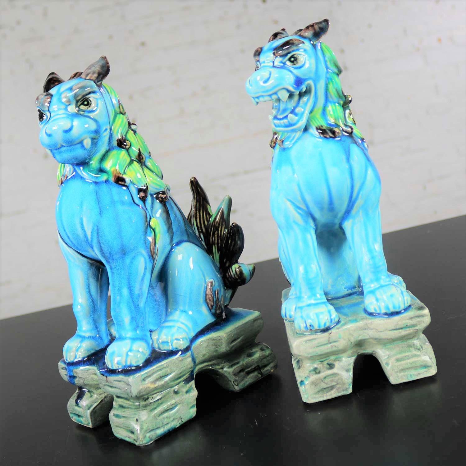 Vintage Midcentury Pr Japanese Komainu Lion Dogs Ceramic Turquoise Green Glaze 2