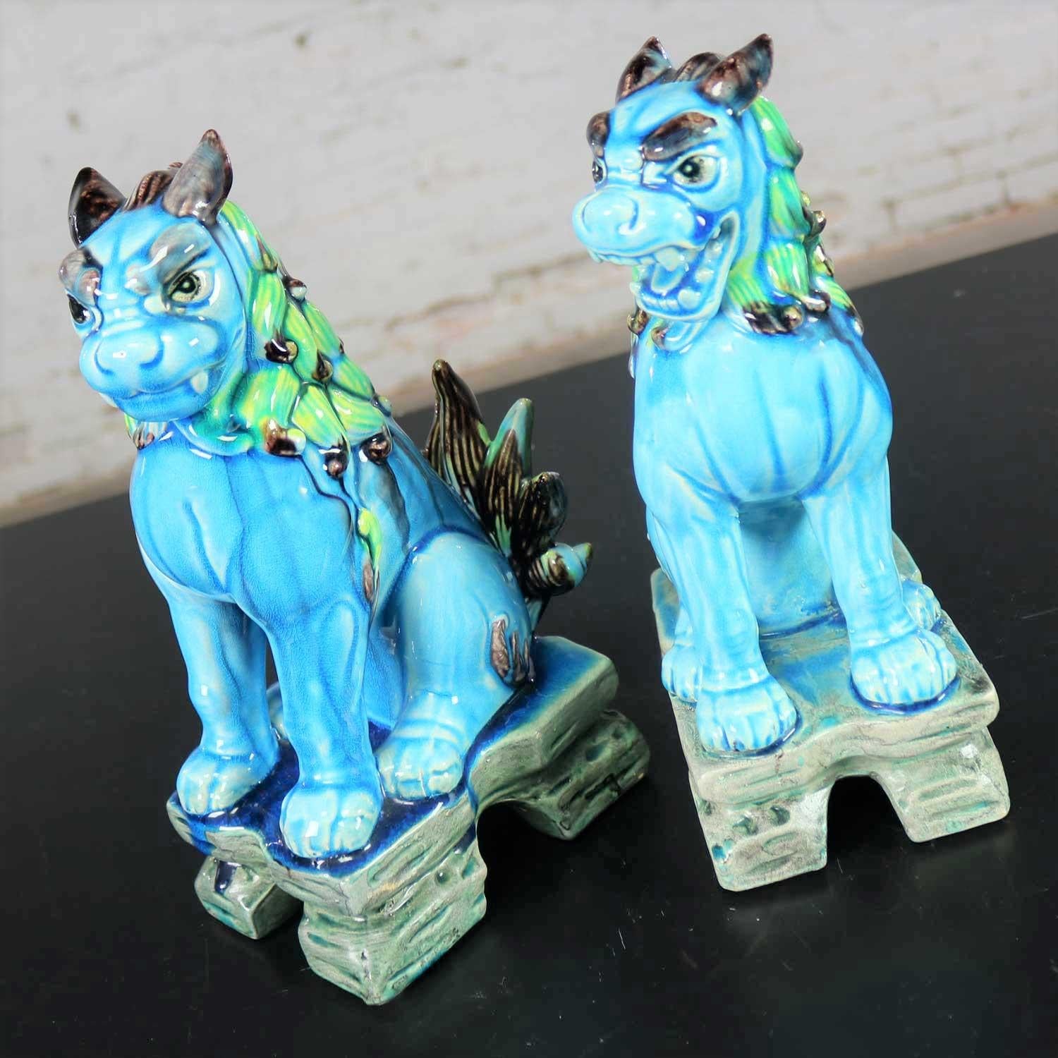 Vintage Midcentury Pr Japanese Komainu Lion Dogs Ceramic Turquoise Green Glaze 3
