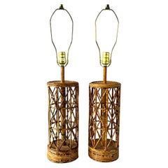 Vintage Mid Century Rattan and Bamboo Cylinder Table Lamps, A Pair