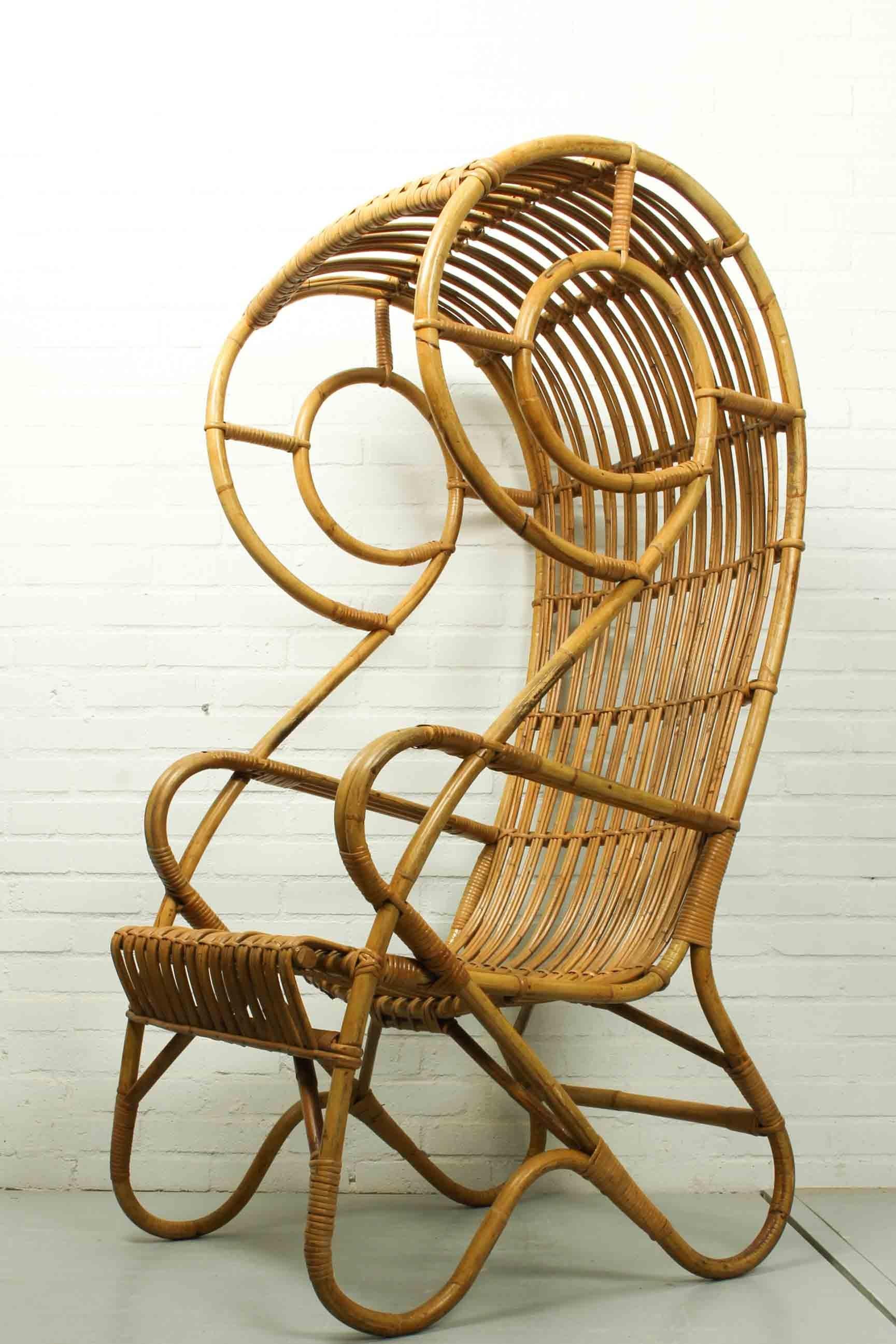Dutch Vintage Mid-Century Rattan Hooded Beach Chair, 1960s