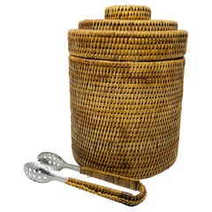 Vintage Mid Century Rattan Ice Bucket with Tongs