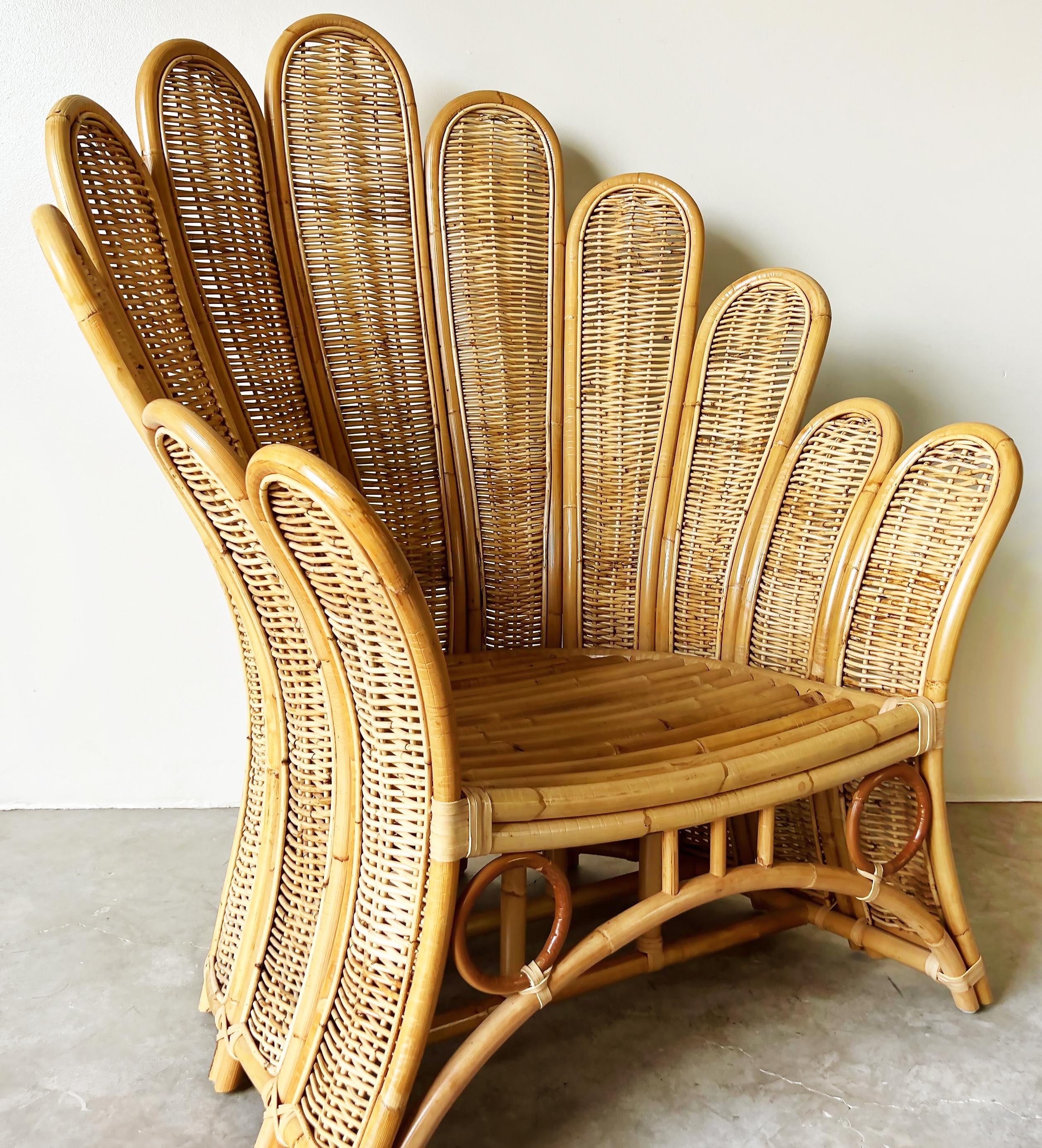 Hand-Woven Vintage Mid-Century Rattan Peacock Fan Back Chair