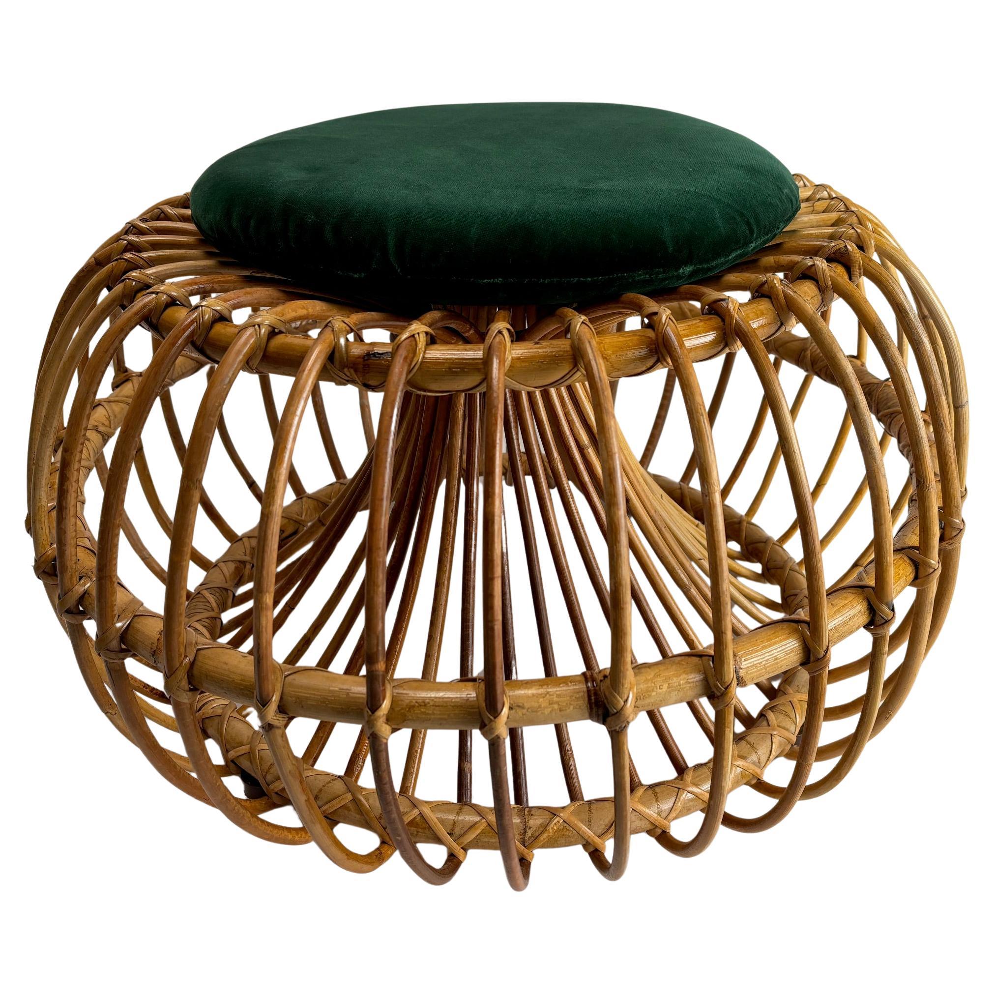 Vintage mid-century rattan pouf stool by Franco Albini, Italy, 1950s