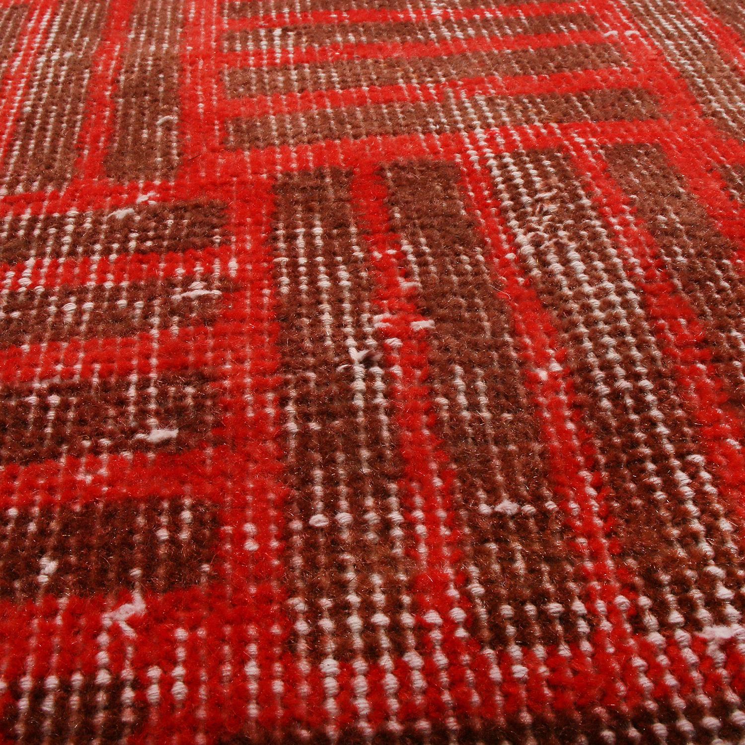 Hand-Knotted Vintage Midcentury Red and Brown Geometric Wool Rug