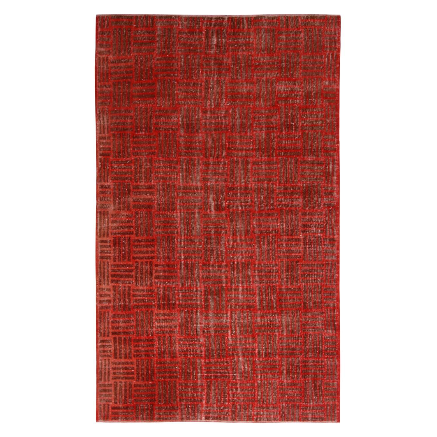 Vintage Midcentury Red and Brown Geometric Wool Rug