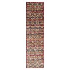 Vintage Midcentury Red and Navy Blue Wool Runner, Beige Multi-Color Accents