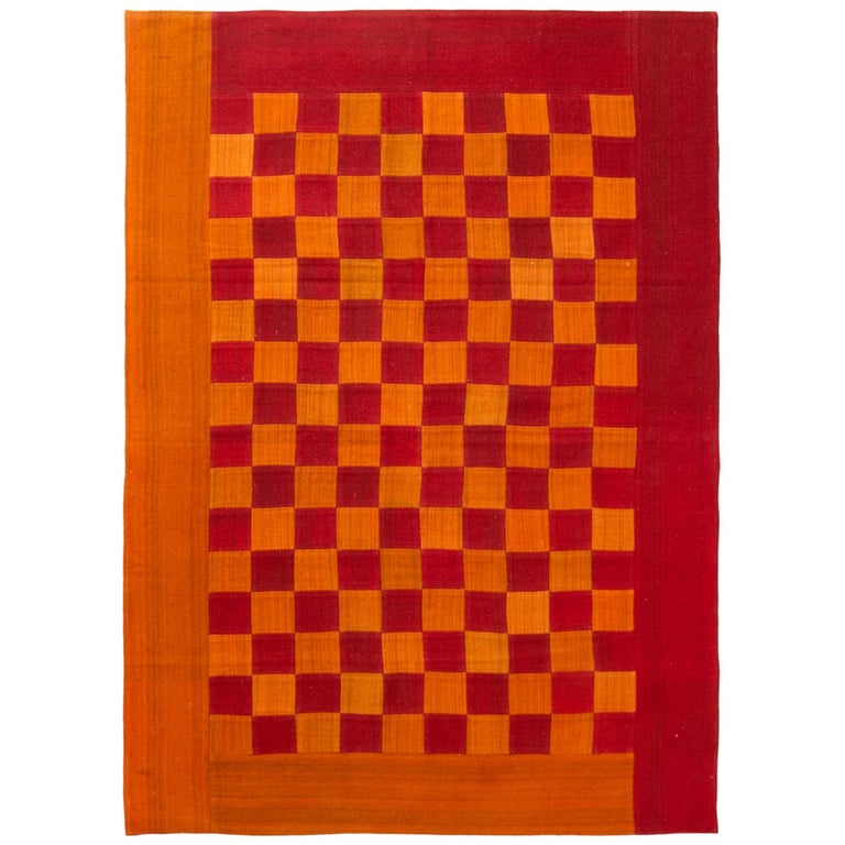 Vintage Mid Century Red And Orange Wool Kilim Rug With Checkerboard Pattern For Sale At 1stdibs