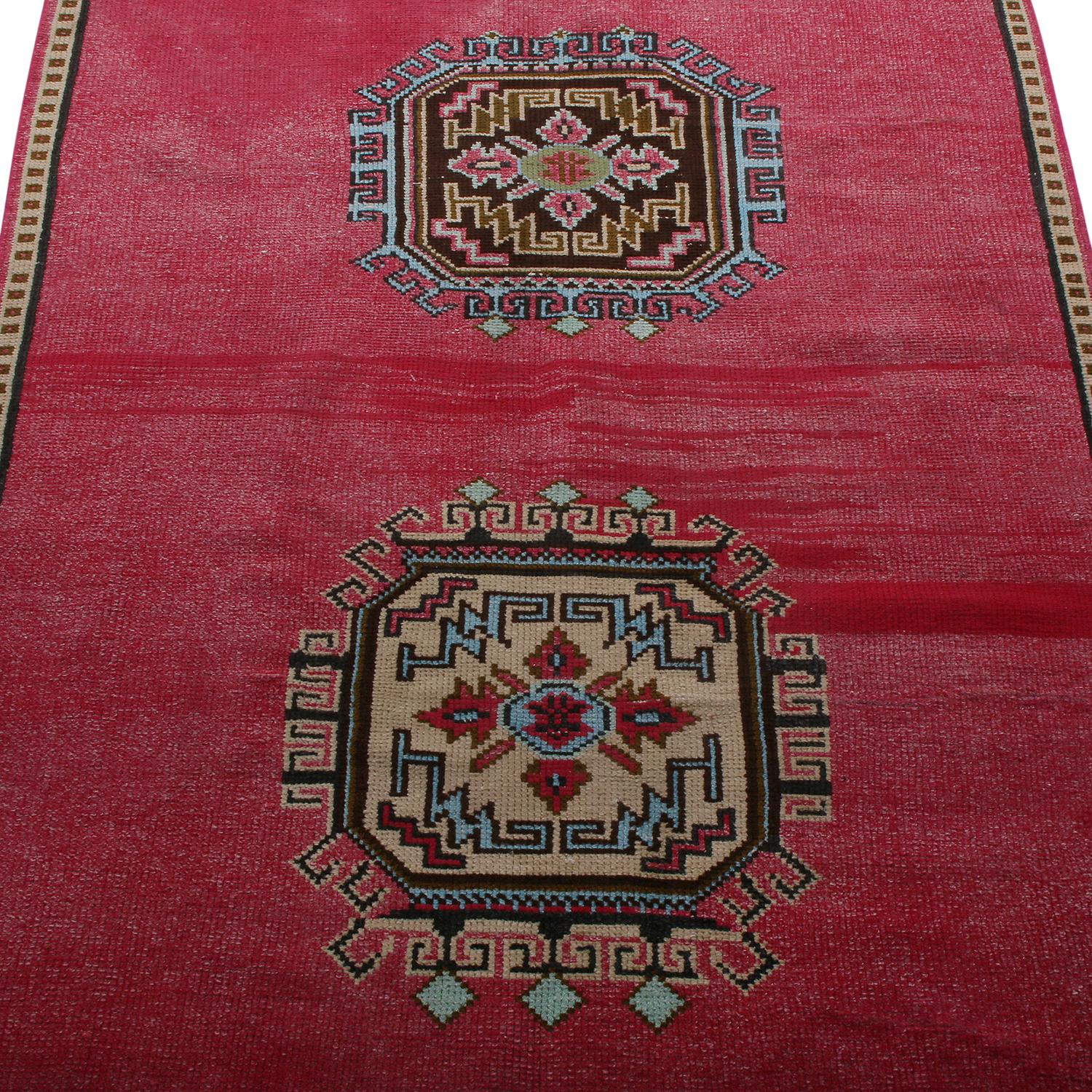 Mid-Century Modern Vintage Midcentury Red and Tan-Gold Medallion Style Wool Rug