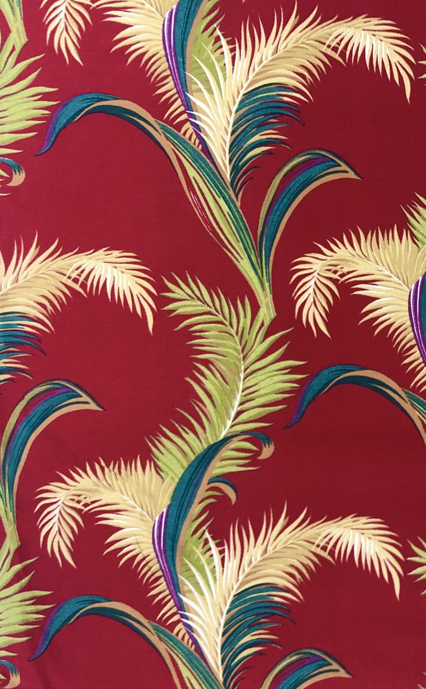 This beautiful fabric is a 100% cotton barkcloth. Barkcloth is a textured printed woven fabric. This vintage fabric is a rich, deep red featuring a tropical palm leaf design.

This fabric could be used to make clothing and upholstery