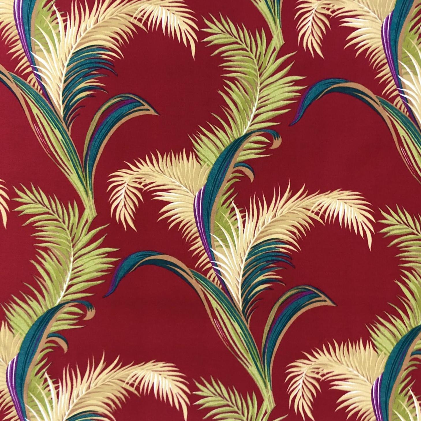Mid-Century Modern Vintage Mid Century Red Barkcloth with Tropical Palm Leaf Design