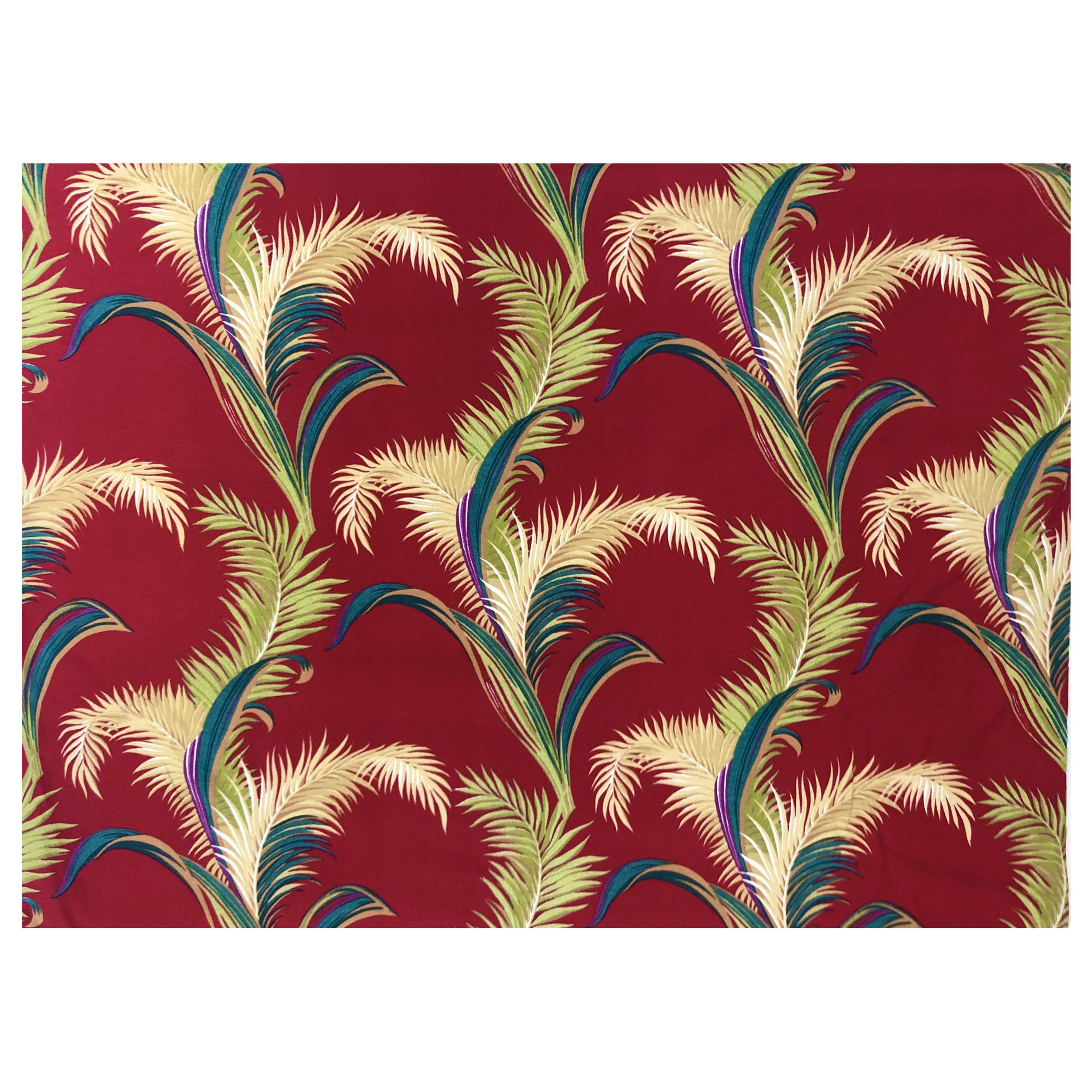 Vintage Mid Century Red Barkcloth with Tropical Palm Leaf Design
