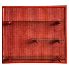 Vintage Mid-Century Red Painted Bamboo and Wicker Rattan Wall Hanging Shelves 