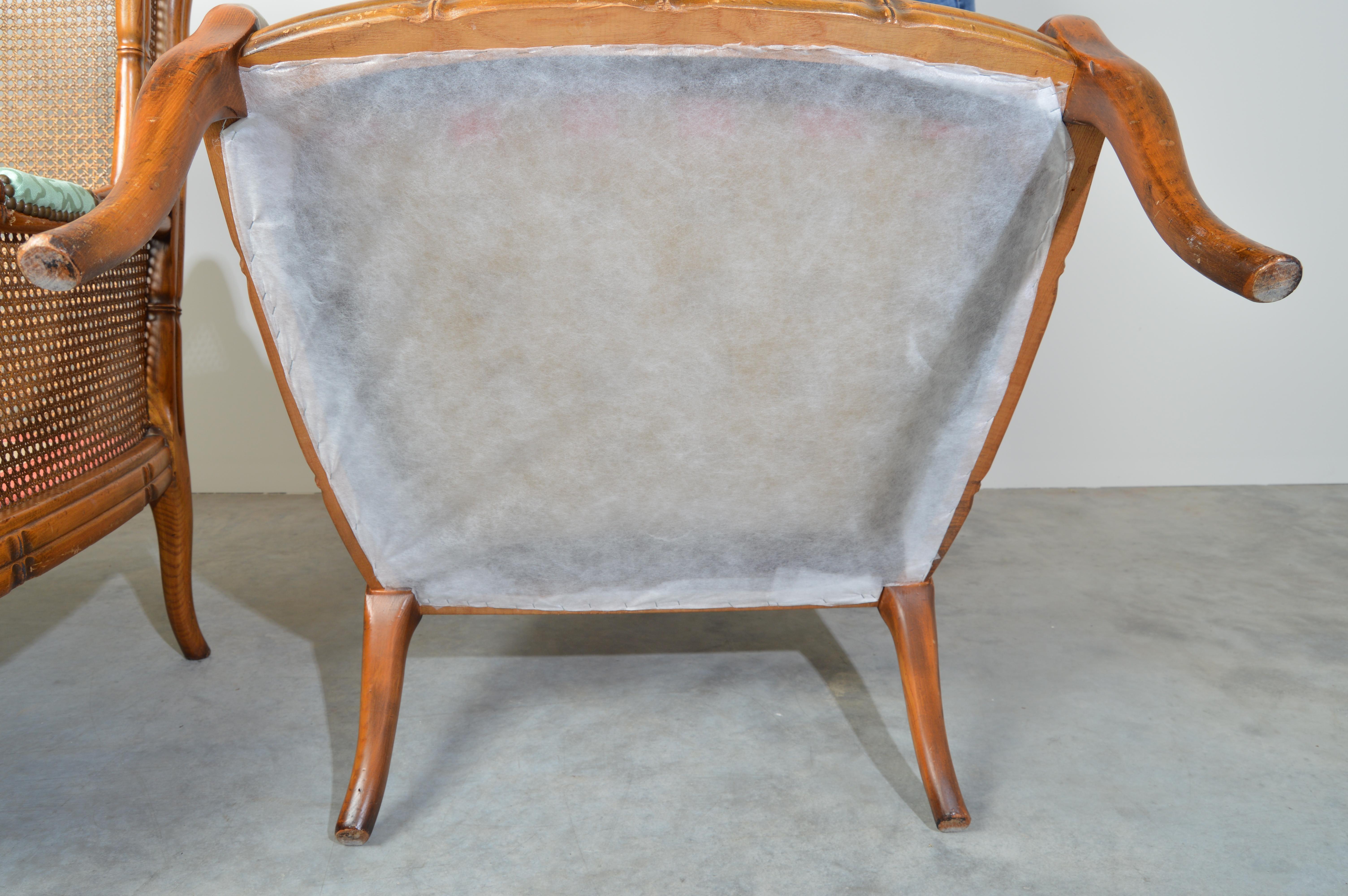 Cotton Vintage Midcentury Regency Style Faux Bamboo Boho Cane Wingback Chairs