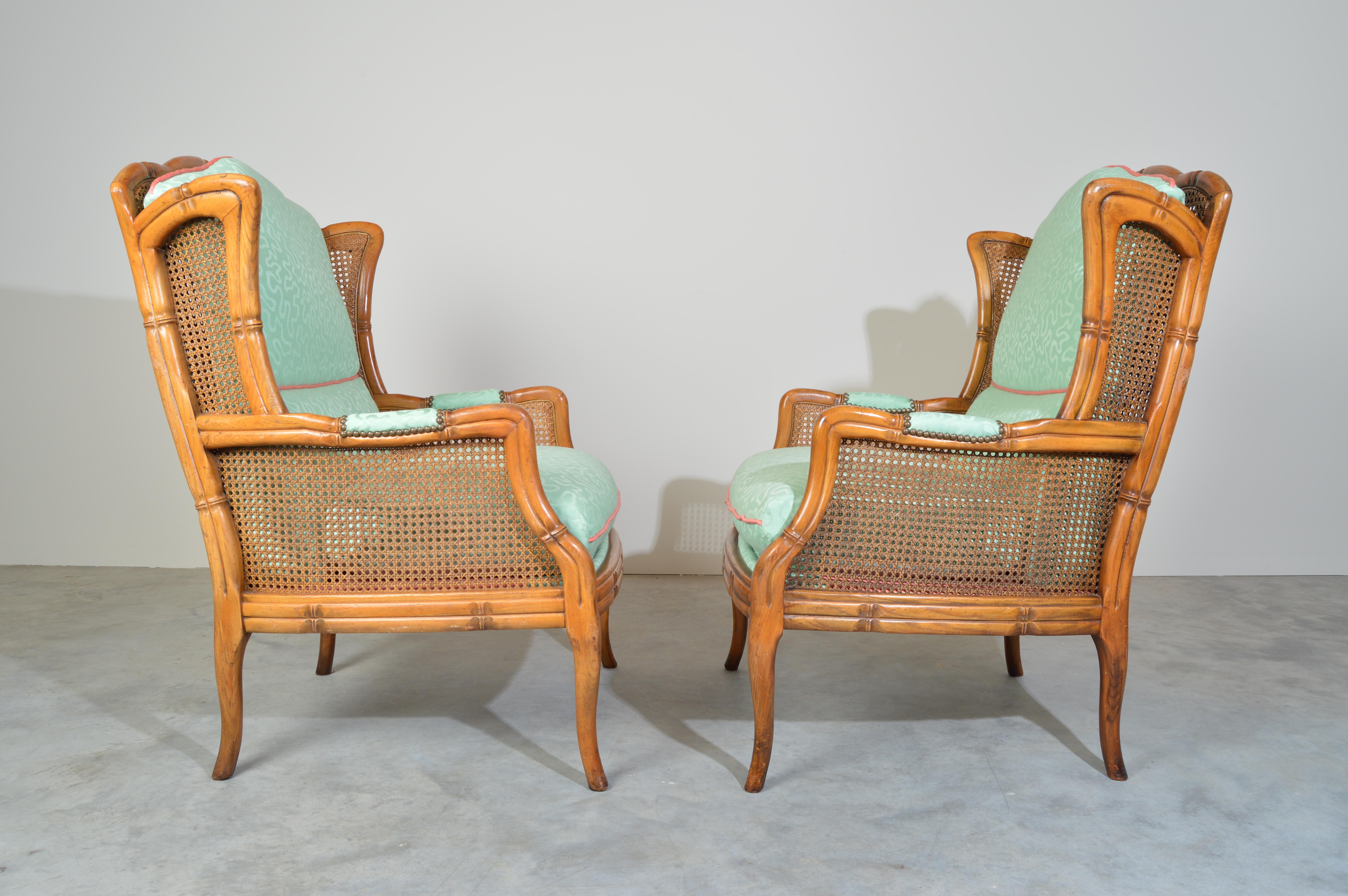 Hollywood Regency Vintage Midcentury Regency Style Faux Bamboo Boho Cane Wingback Chairs