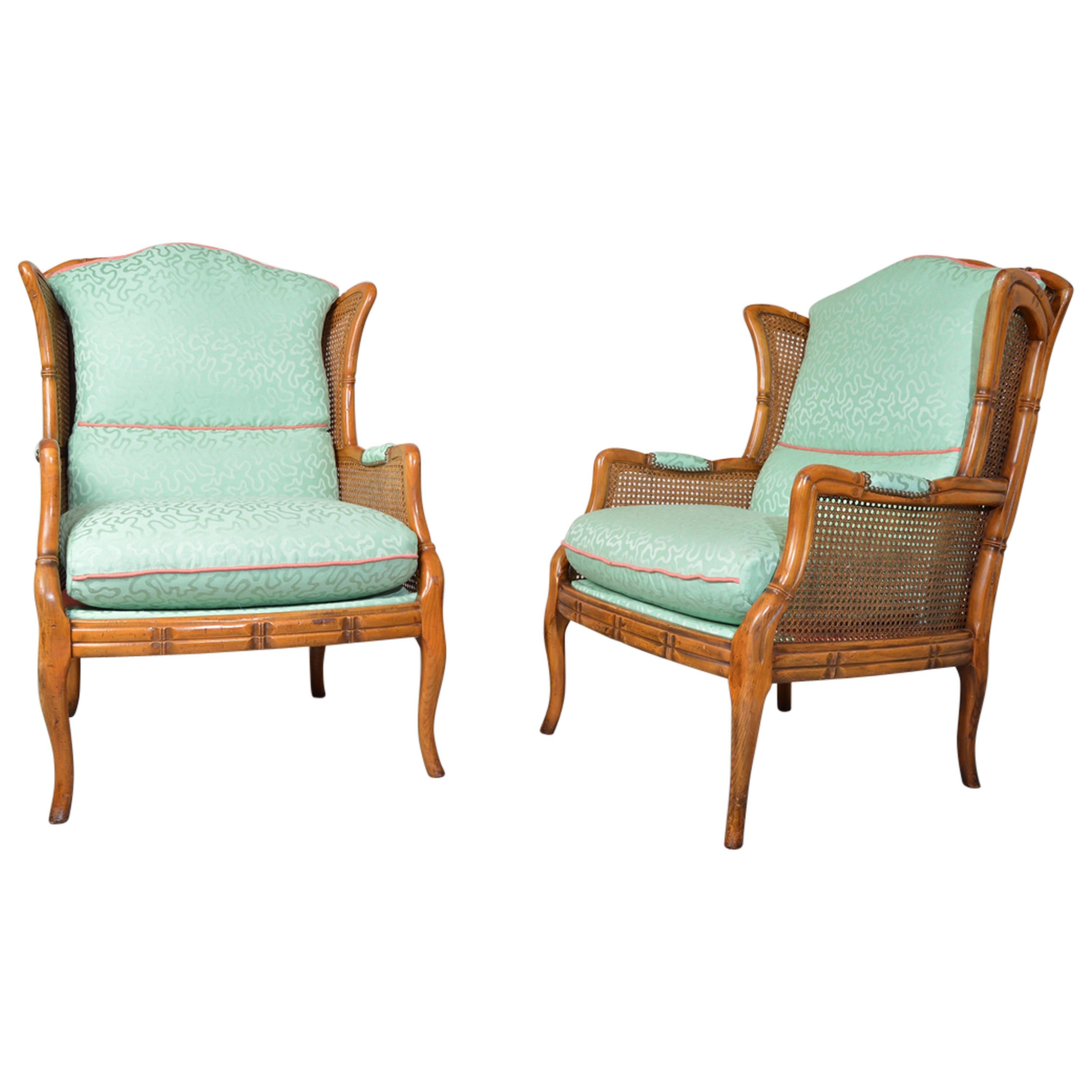 Vintage Midcentury Regency Style Faux Bamboo Boho Cane Wingback Chairs