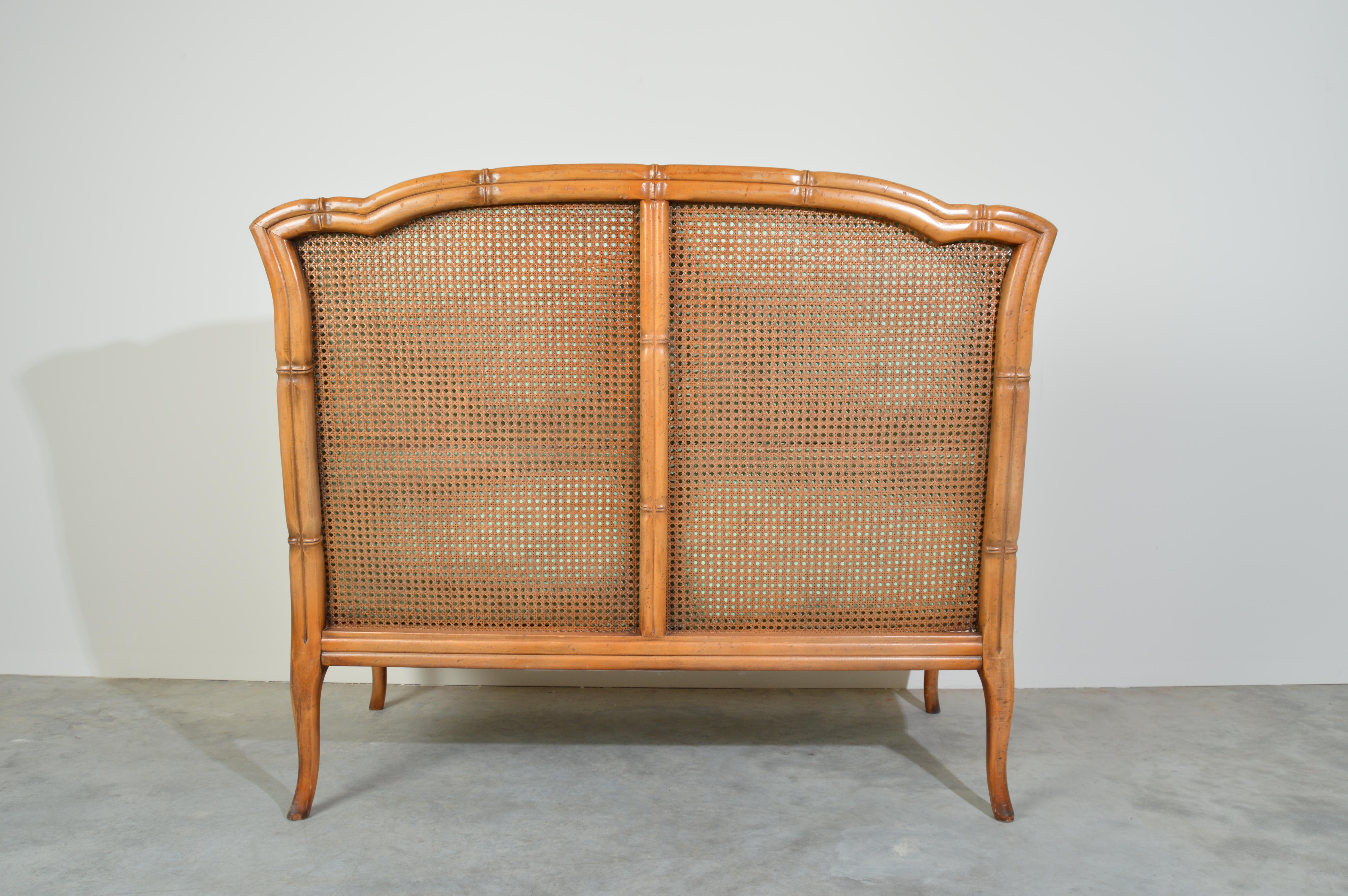 American Vintage Midcentury Regency Style Faux Bamboo Boho Cane Wingback Settee Bench