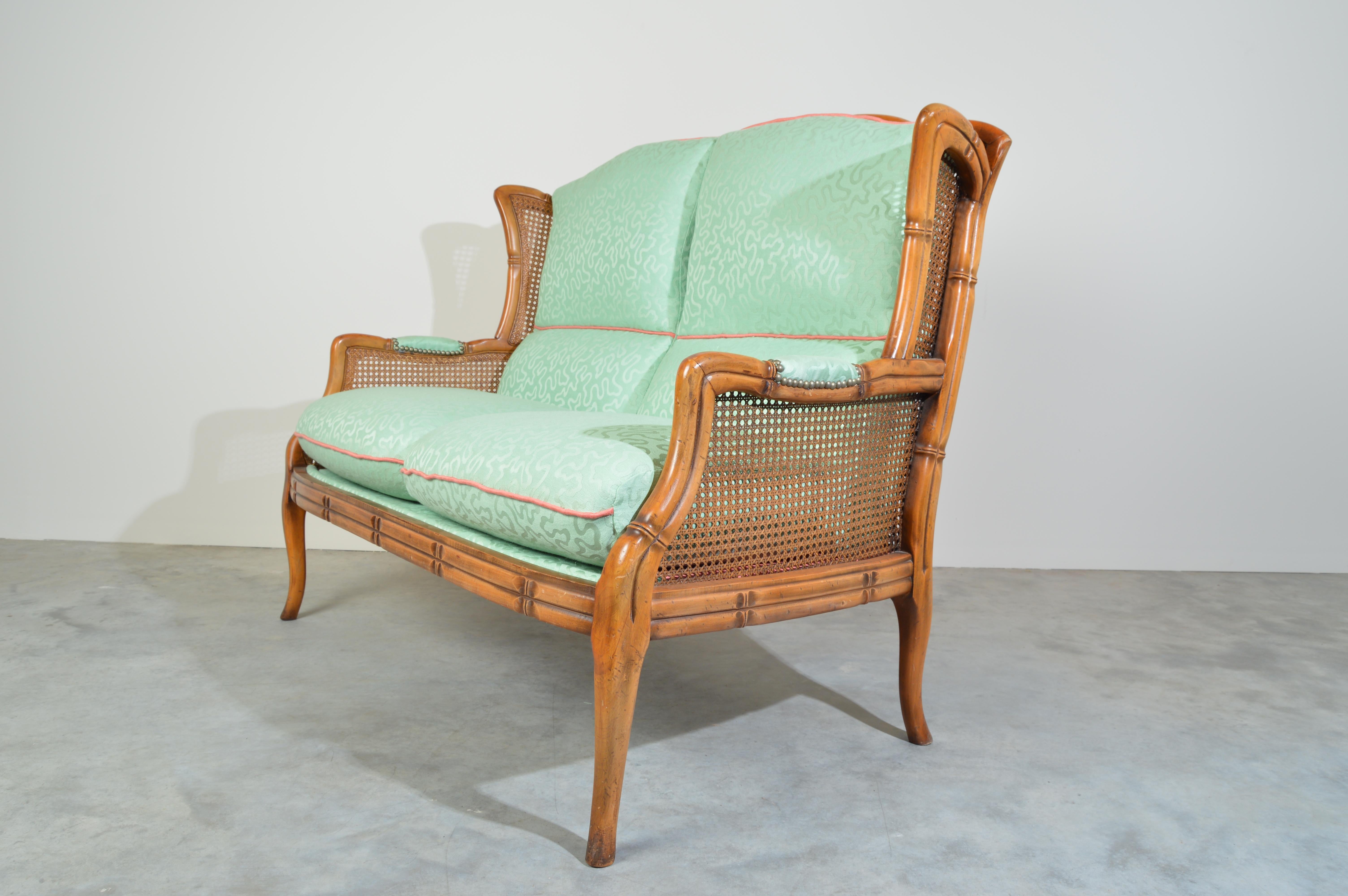 Late 20th Century Vintage Midcentury Regency Style Faux Bamboo Boho Cane Wingback Settee Bench