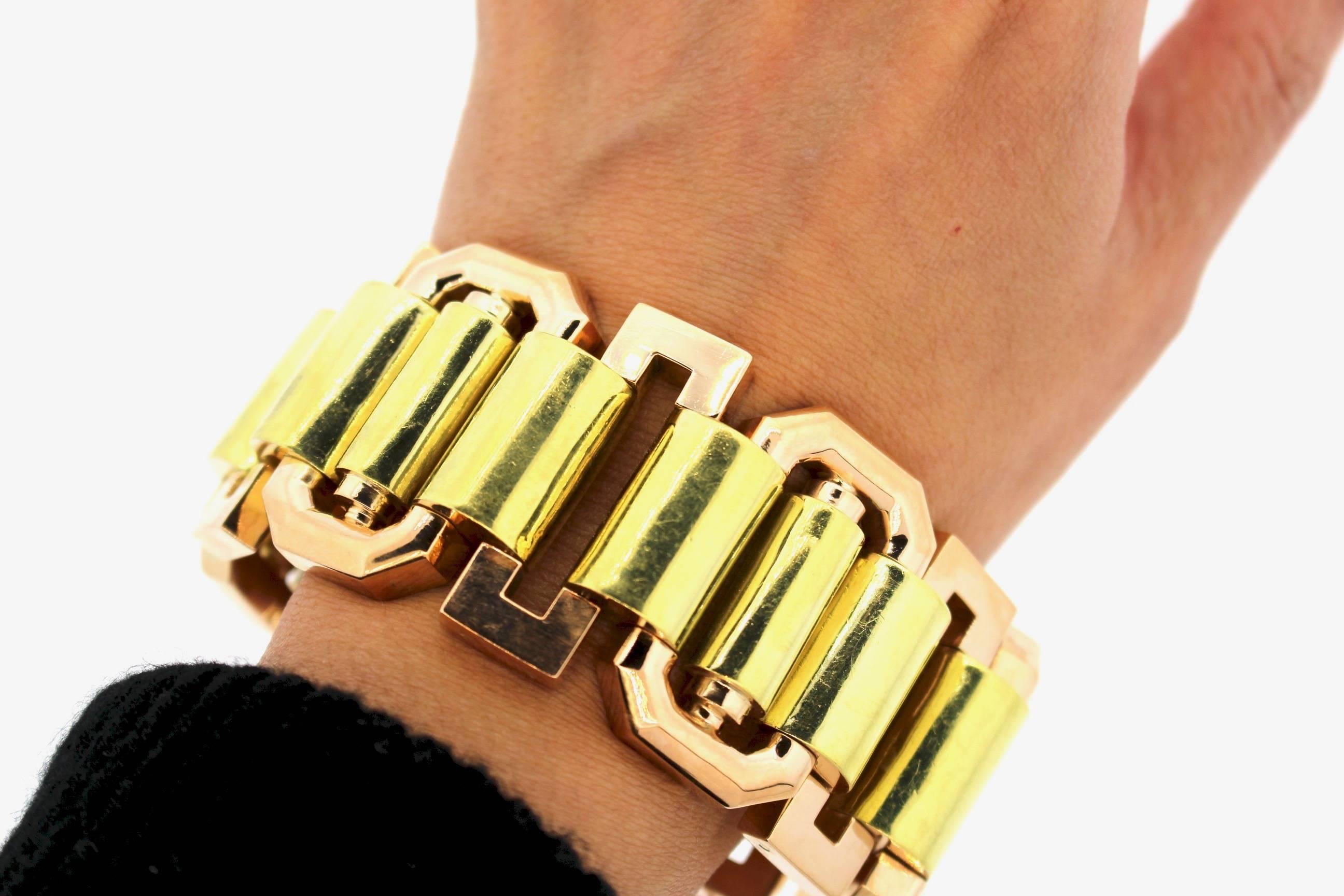 Women's or Men's Midcentury Retro Wide Tank 18 Karat Bicolor Gold Bracelet