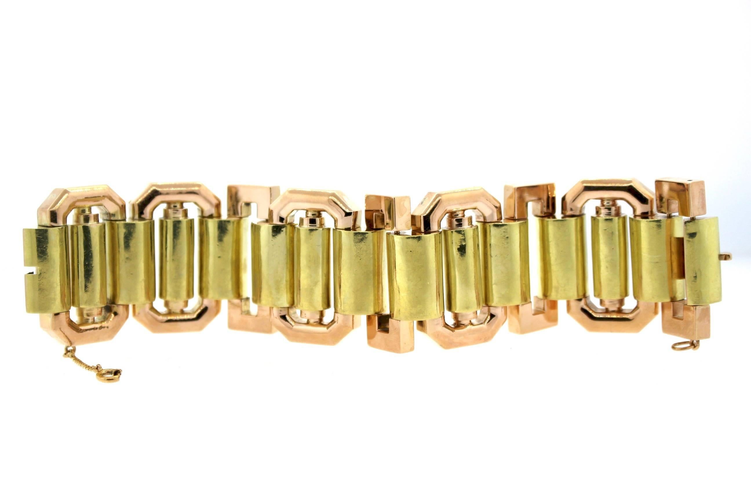 Midcentury Retro Wide Tank 18 Karat Bicolor Gold Bracelet 1