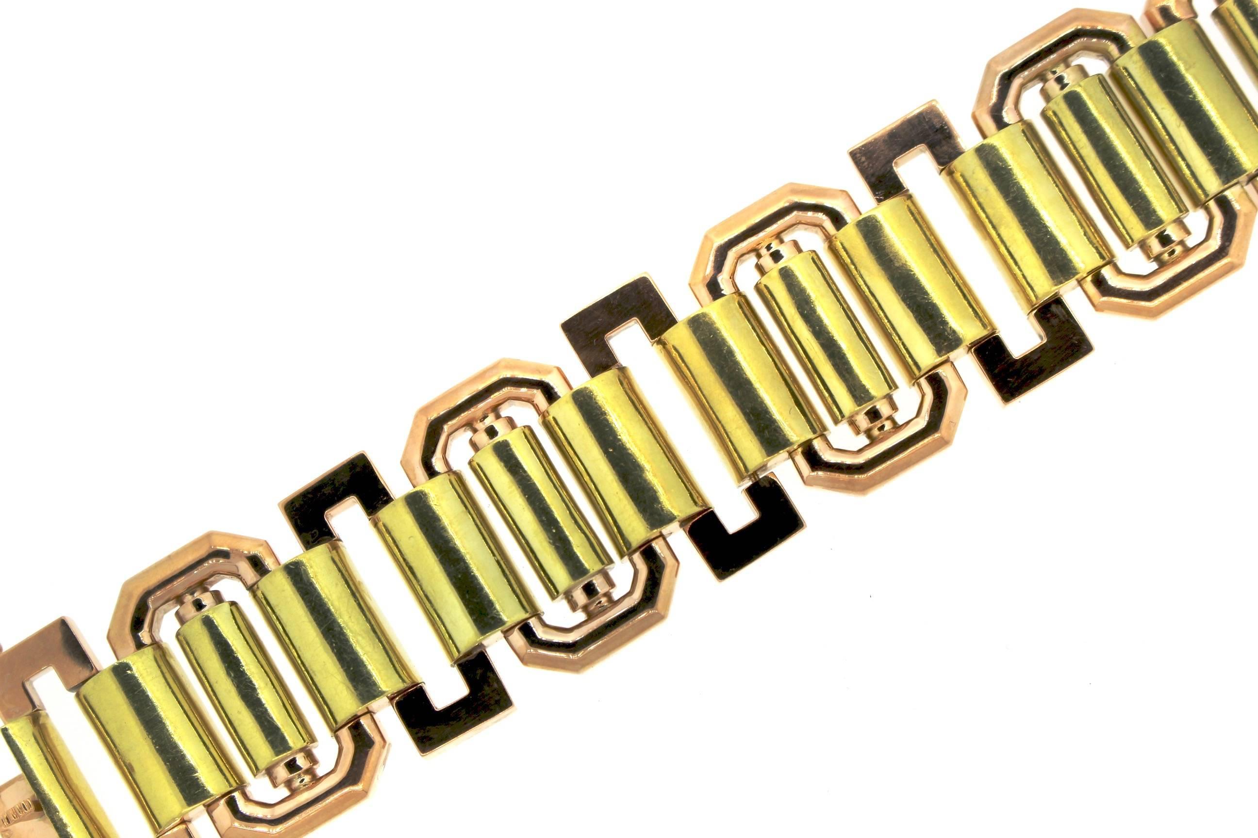 A remarkable wide and heavy green and rose gold 18k Retro Tank bracelet. This bracelet dates to about the 1940s when the 