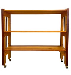 Vintage Mid Century Rolling Wood Bookshelf Console, Three Tier Open Shelves.