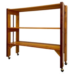 Vintage Mid Century Rolling Wood Bookshelf Console, Three Tier Open Shelves.