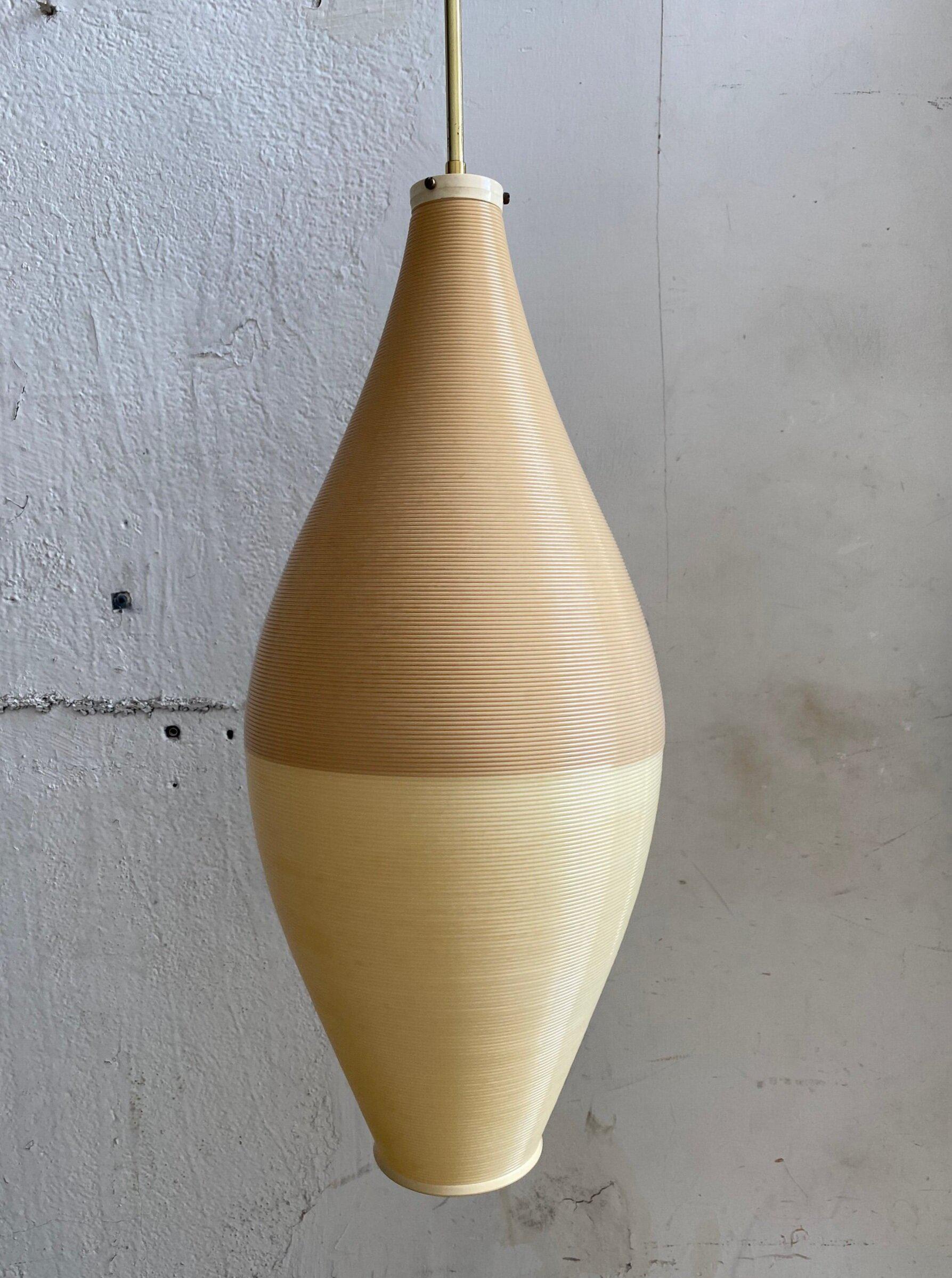 Vintage Mid-Century Rotaflex Pendant Lamp For Yasha Heifetz. Shade is ribbed two-tone cream and beige hand-spun cellulose acetate. Cone shaped shade with brass fixture hardware. Circa 1950s. Produces a beautiful warm glow when lit. A very rare and