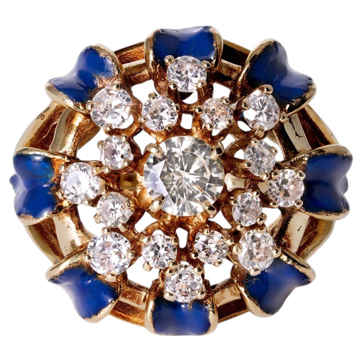 Vintage Mid-Century Royal Blue Enamel & Diamond Bombè Cocktail Ring