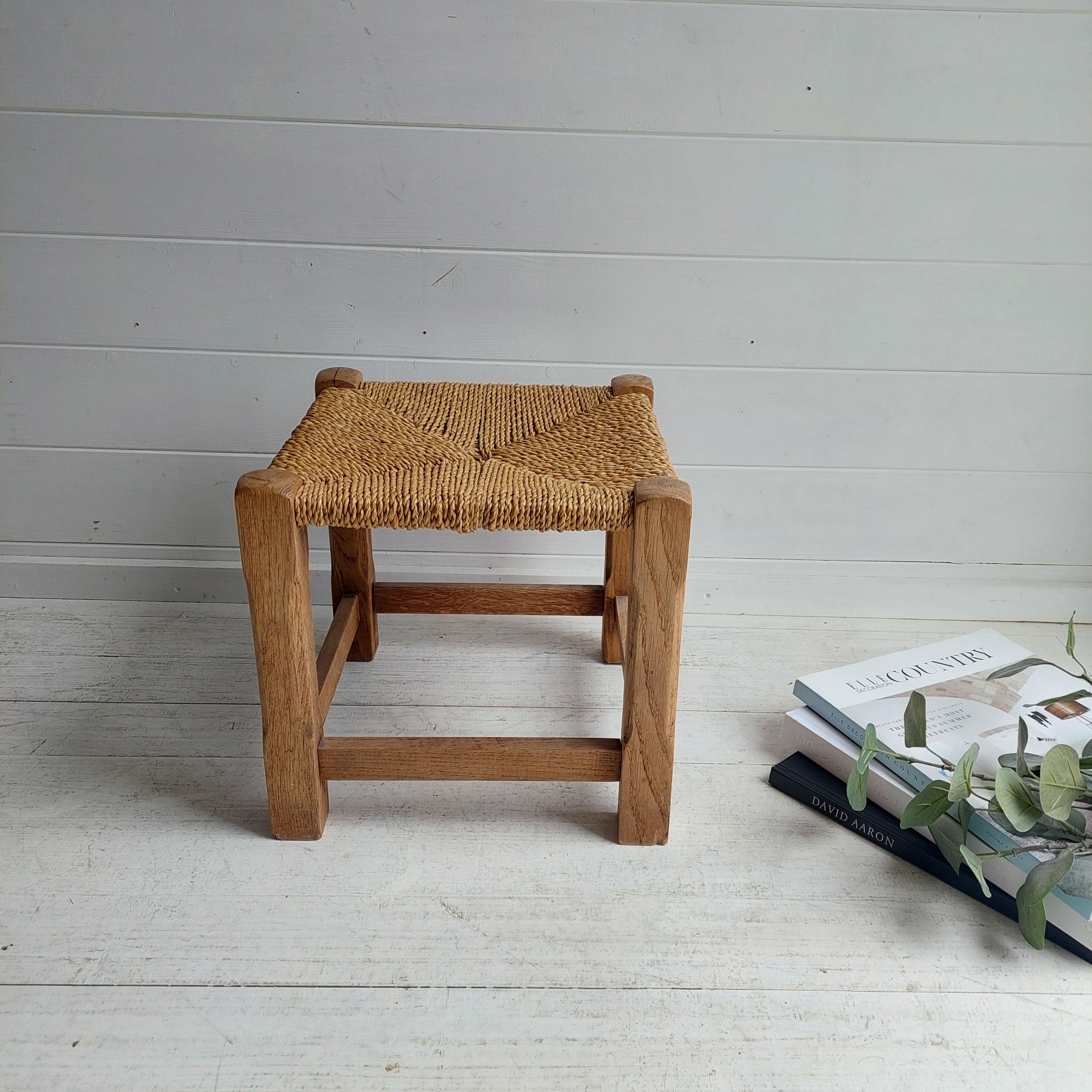 20th Century Vintage Mid century rustic low woven stool seagrass footrest, 50s For Sale