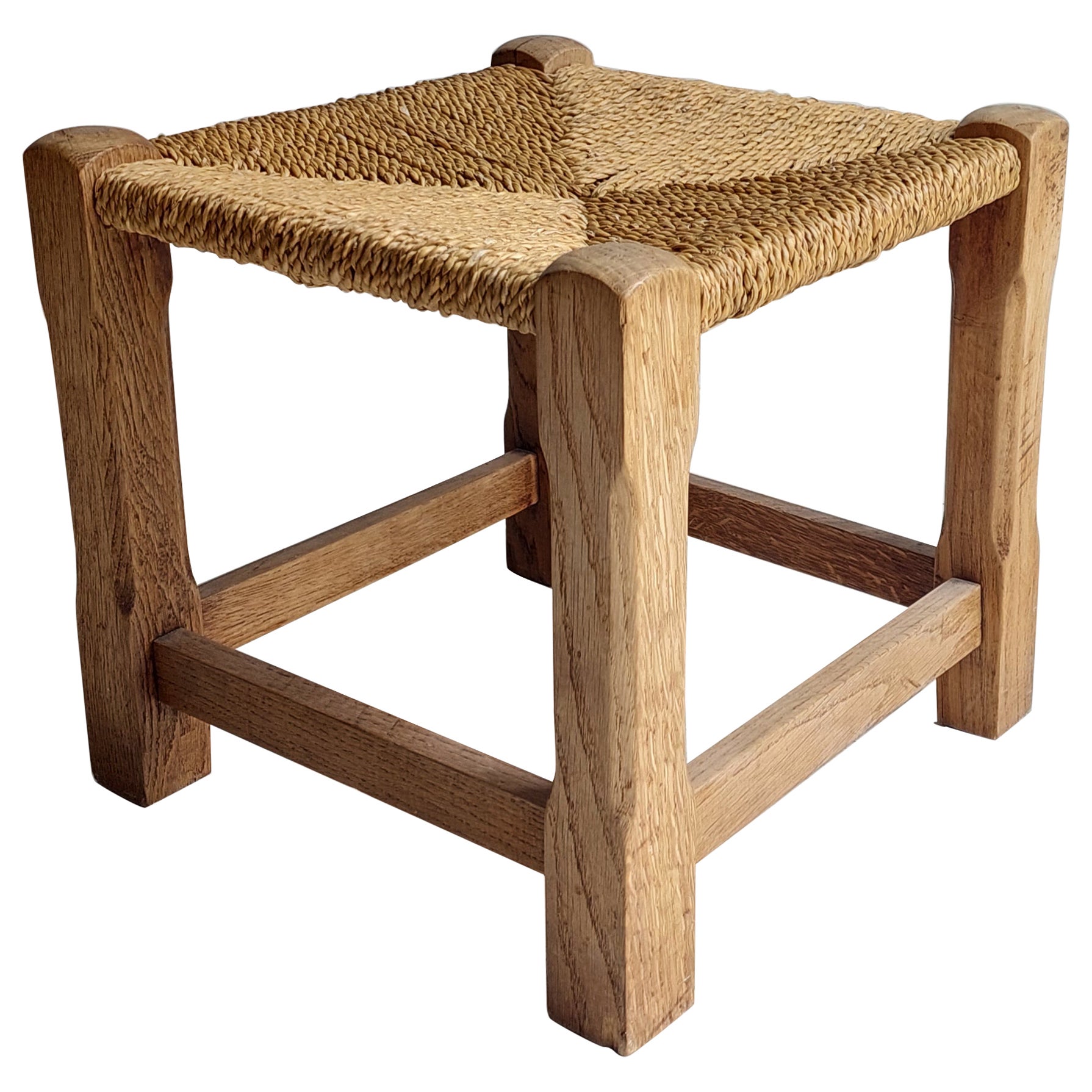 Vintage Mid century rustic low woven stool seagrass footrest, 50s For Sale