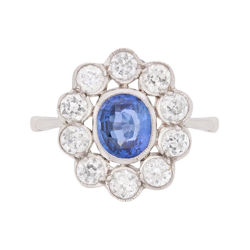 Vintage Mid-Century Sapphire and Diamond Halo Ring, circa 1950s