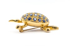 Vintage Mid-Century Sapphire & Diamond Turtle Brooch in 18k Yellow Gold