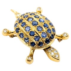 Vintage Mid-Century Sapphire & Diamond Turtle Brooch in 18k Yellow Gold