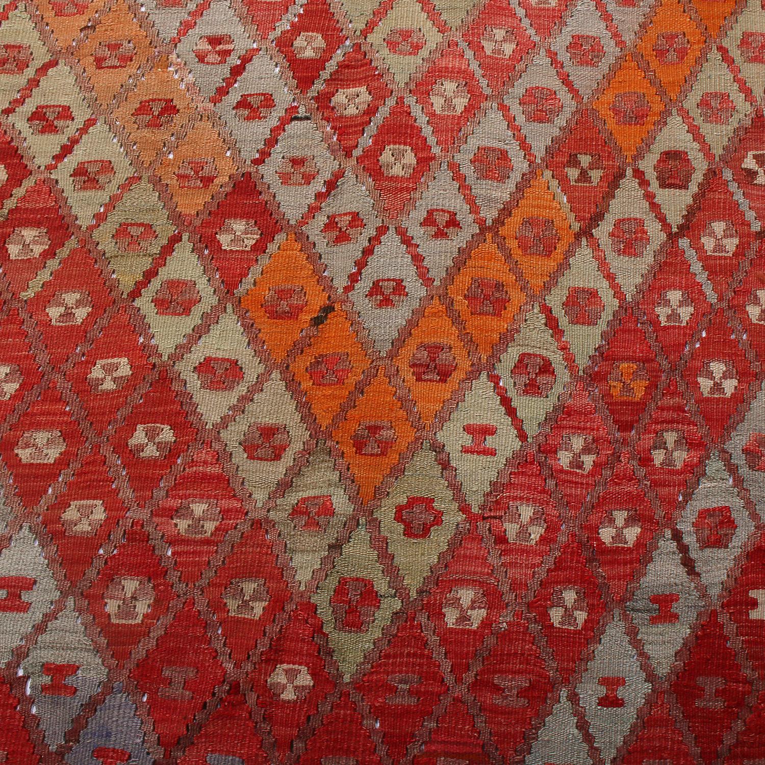 Hand-Woven Vintage Midcentury Sarkisla Diamond Red Blue and Orange Wool Kilim Rug