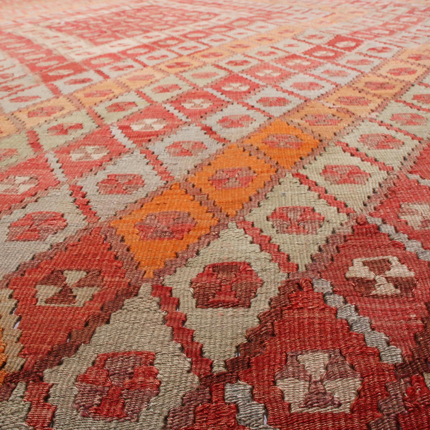 Vintage Midcentury Sarkisla Diamond Red Blue and Orange Wool Kilim Rug In Good Condition In Long Island City, NY