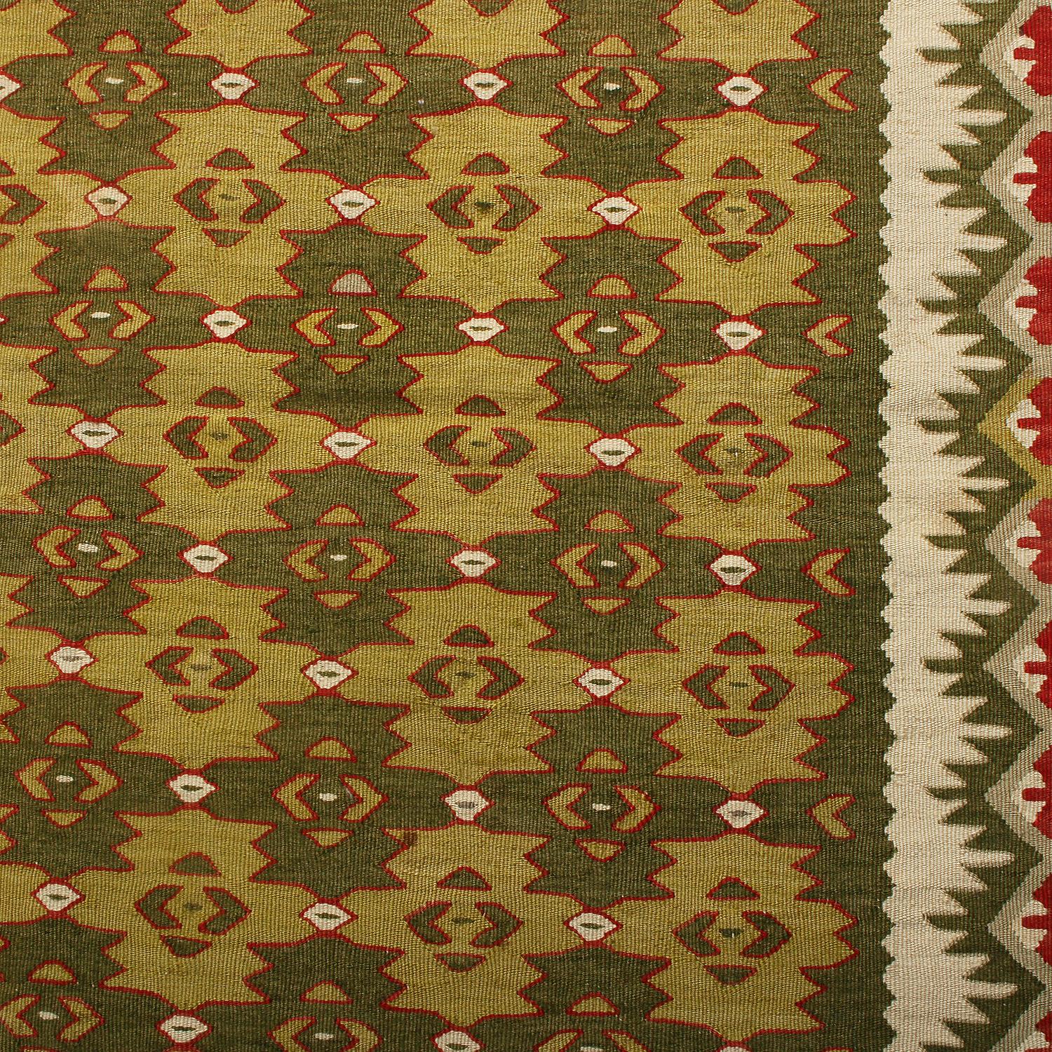 Hand-Woven Vintage Midcentury Sarkoy Beige-Brown and Green Wool Kilim Rug by Rug & Kilim For Sale