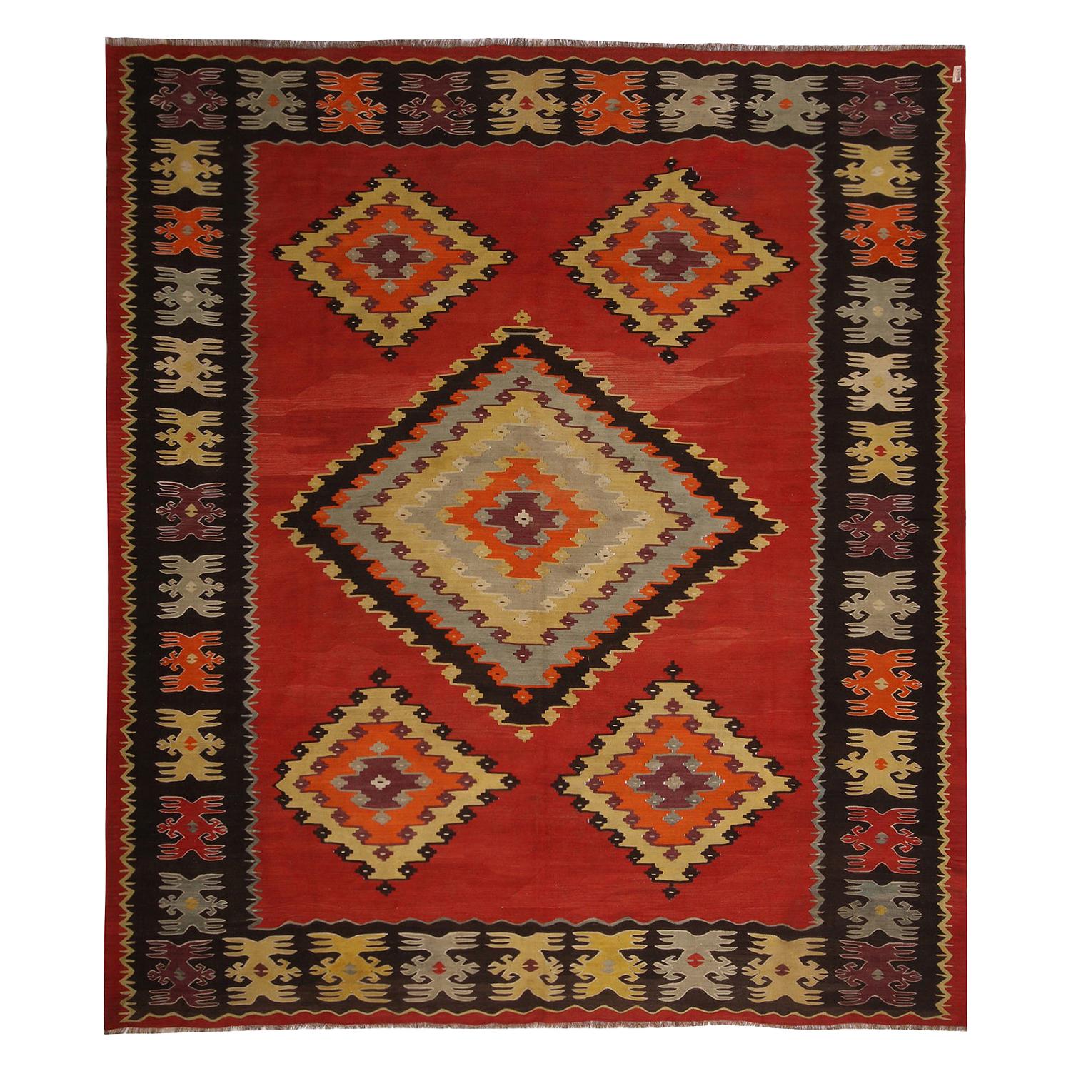 Vintage Midcentury Sarkoy Red Wool Kilim Rug with Diamond Pattern For Sale