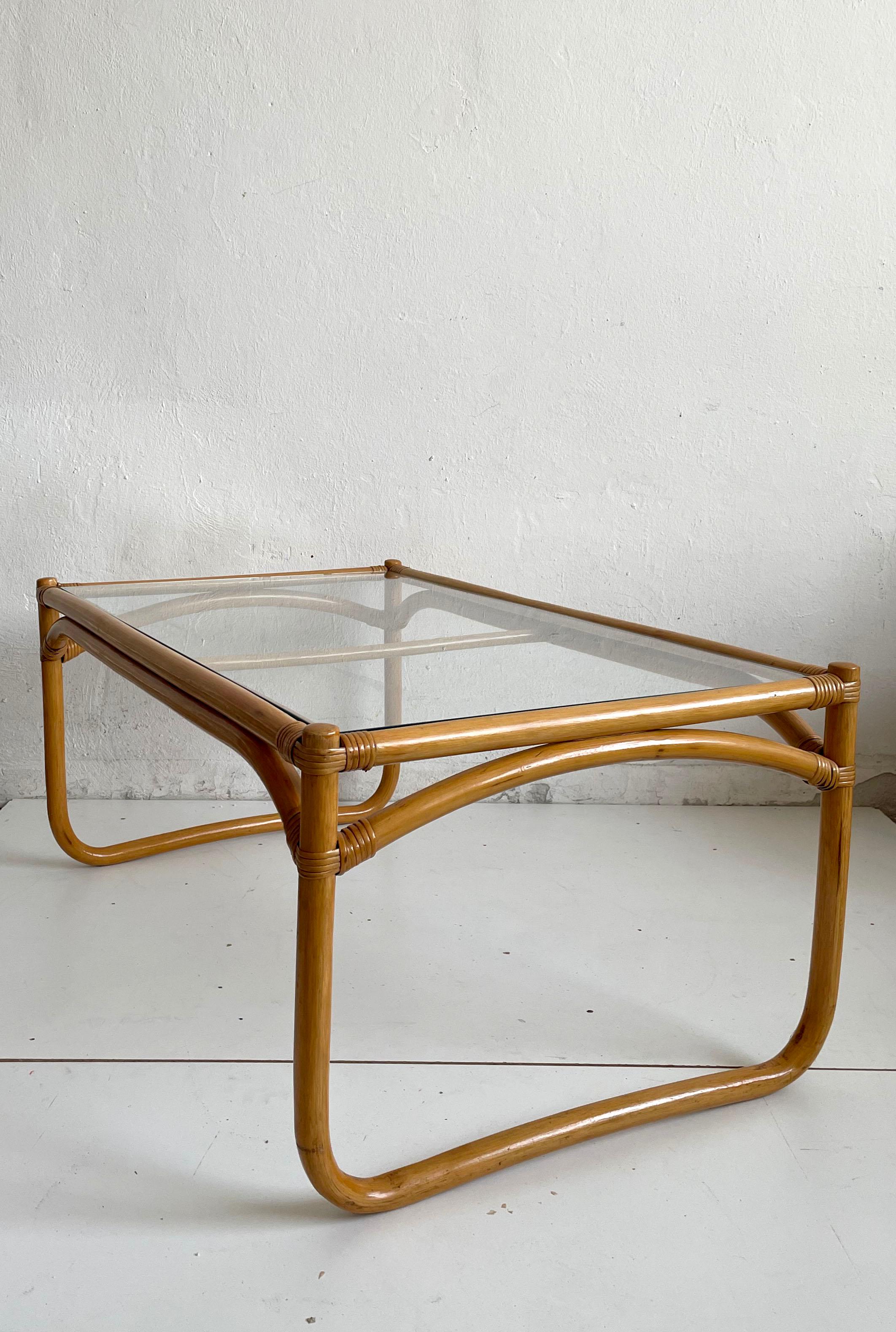 Vintage Mid Century Scandinavian Bamboo Coffee Table with Glass Top, 1970s 4
