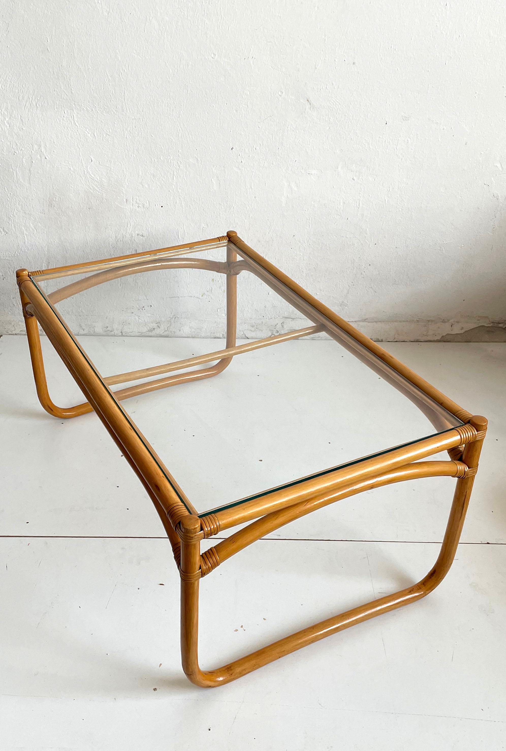 Vintage Mid Century Scandinavian Bamboo Coffee Table with Glass Top, 1970s 7