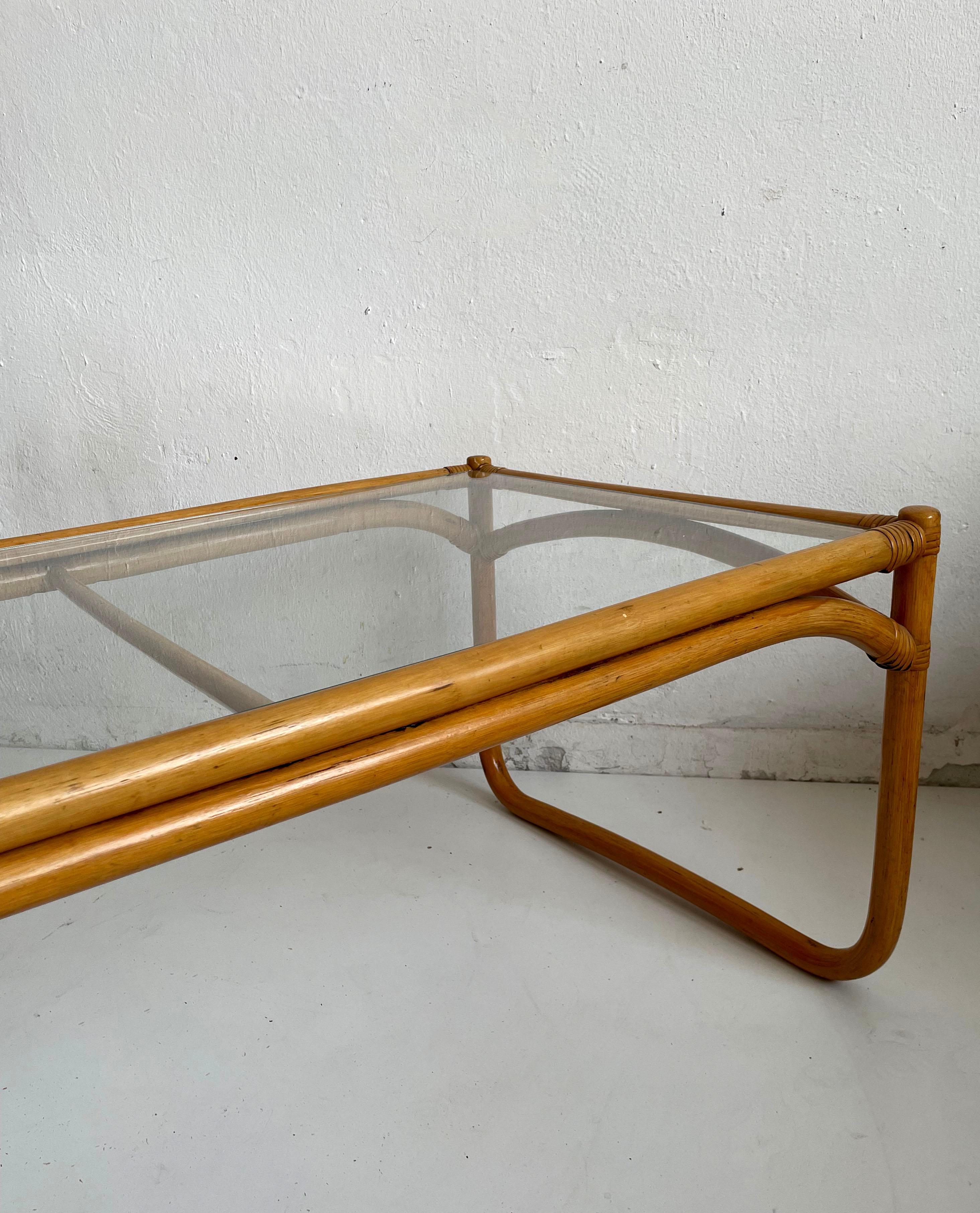 Vintage Mid Century Scandinavian Bamboo Coffee Table with Glass Top, 1970s 1