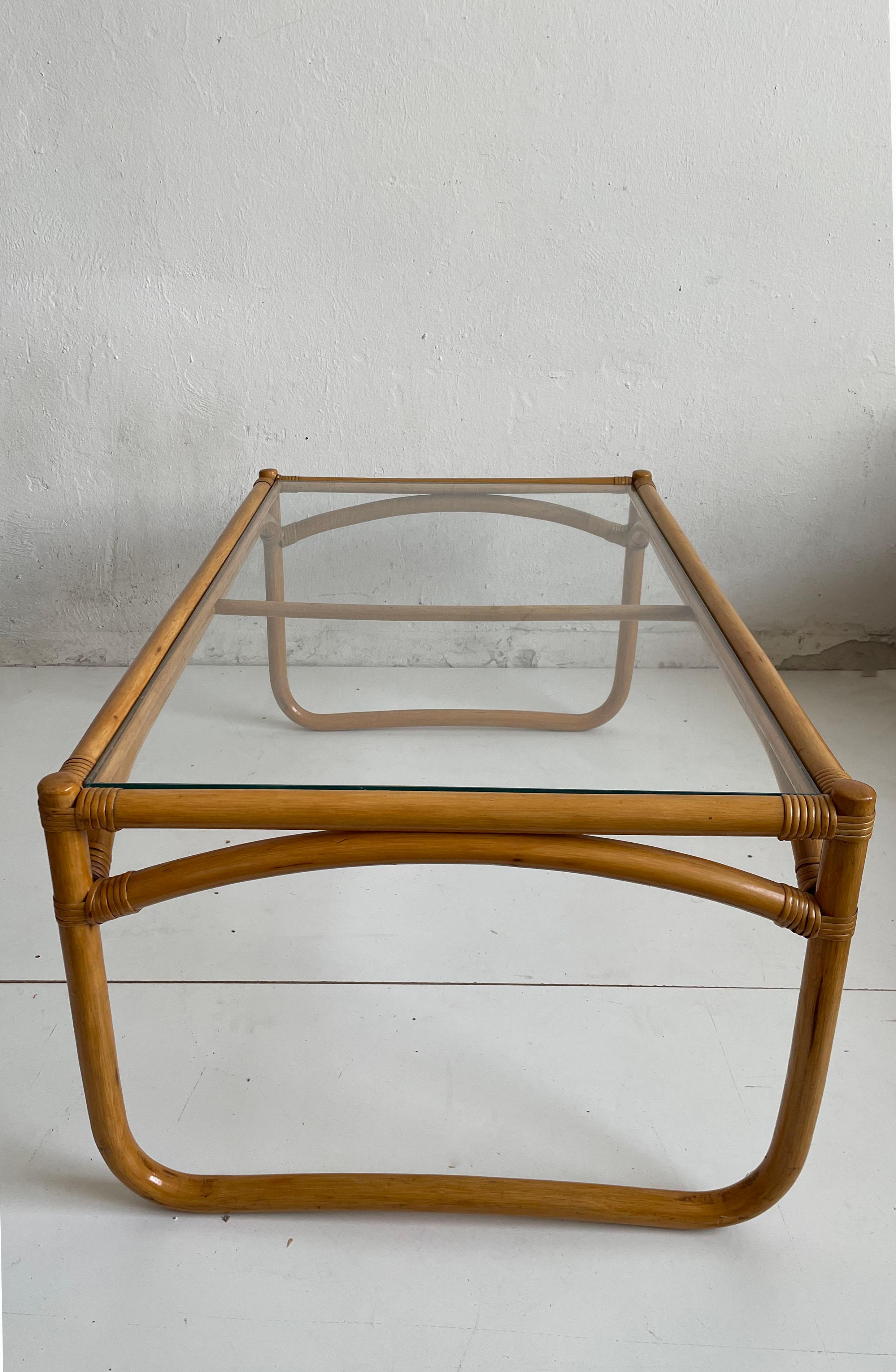 Vintage Mid Century Scandinavian Bamboo Coffee Table with Glass Top, 1970s 2