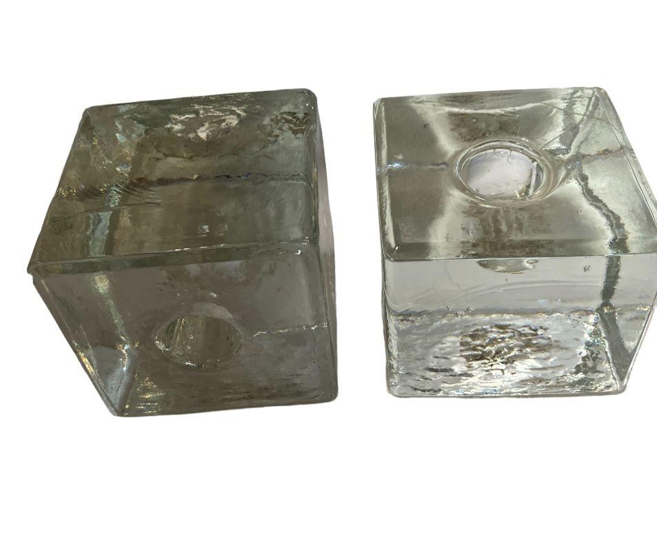 20th Century Vintage Mid-century Scandinavian Cube Crystal Candlestick Holder Pair For Sale