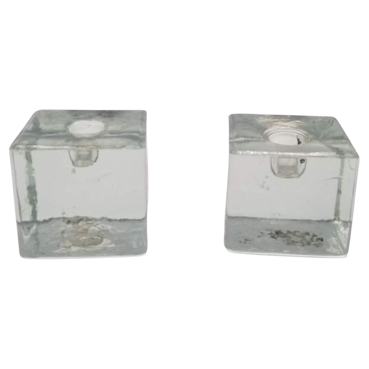 Vintage Mid-century Scandinavian Cube Crystal Candlestick Holder Pair