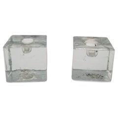 Used Mid-century Scandinavian Cube Crystal Candlestick Holder Pair