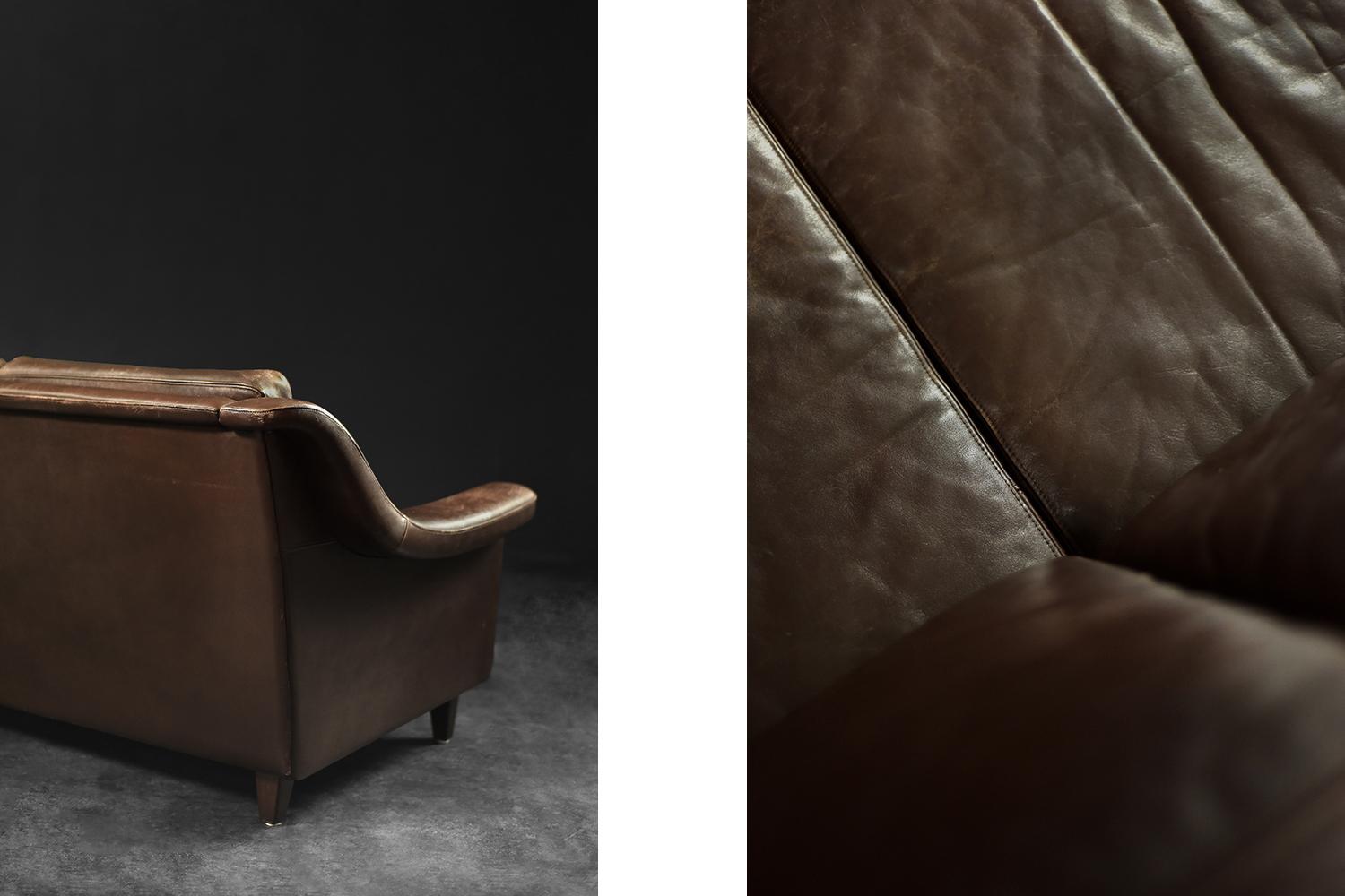 Vintage Mid-Century Scandinavian Danish Modern Brown Leather 3-Seater Sofa, 1970 For Sale 5