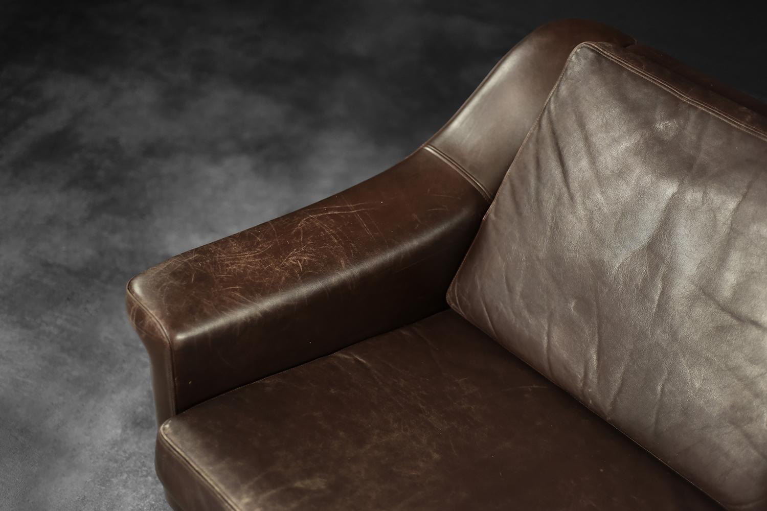 Vintage Mid-Century Scandinavian Danish Modern Brown Leather 3-Seater Sofa, 1970 For Sale 9