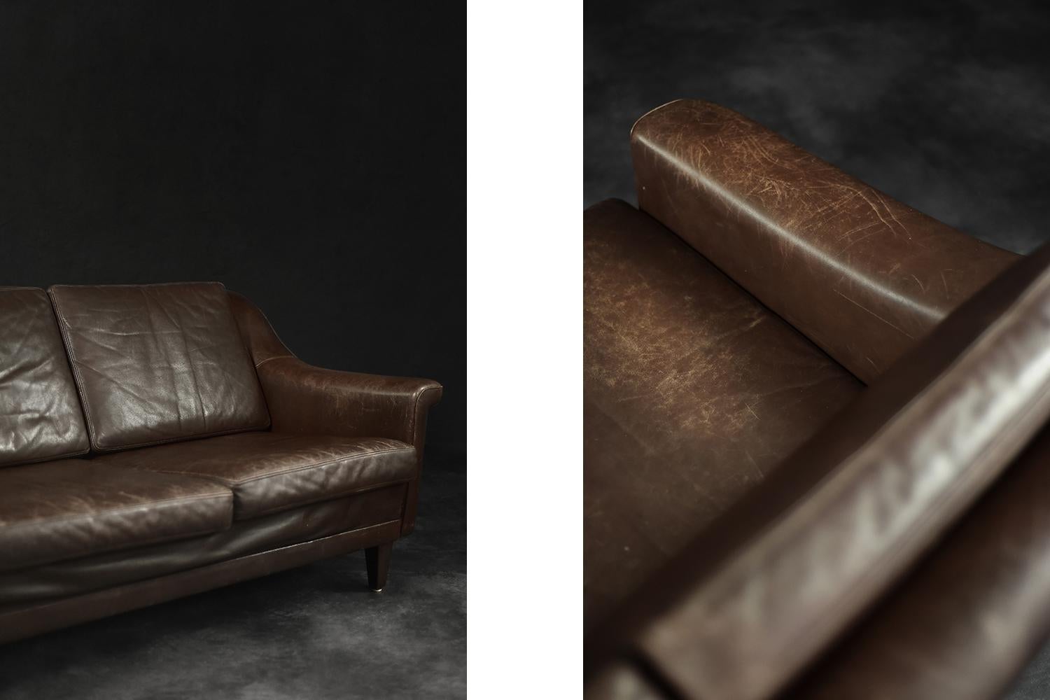Vintage Mid-Century Scandinavian Danish Modern Brown Leather 3-Seater Sofa, 1970 im Angebot 10